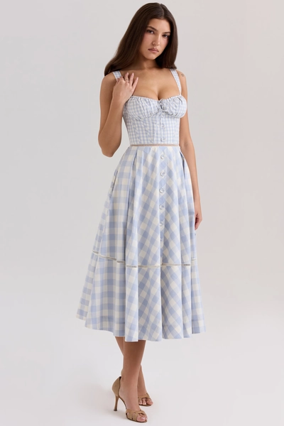 Chiarina Light Blue Gingham Stretch Cotton Midi Dress