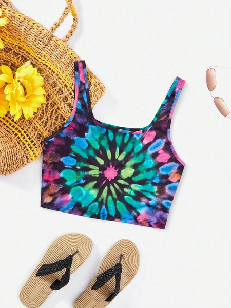 SHEIN VCAY Music Festival Spring/Summer Beach Position Tie-Dye Slim Fit Cropped Tank Top For Vacation