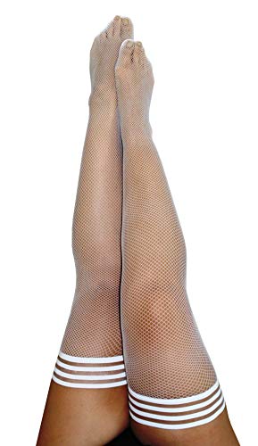 Kix`ies Stockings For Women | Thigh High Stockings with No-Slip Grip Stay Ups Thigh Bands | Womens Thigh High Stockings - D - Sammy White Fishnet