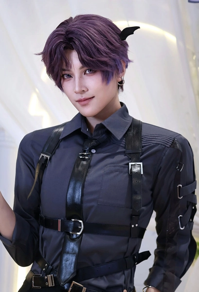 Love and deepspace Cosplay Accessory Black Leather Body Harness Belt Set with Waist Chain Gloves Necktie