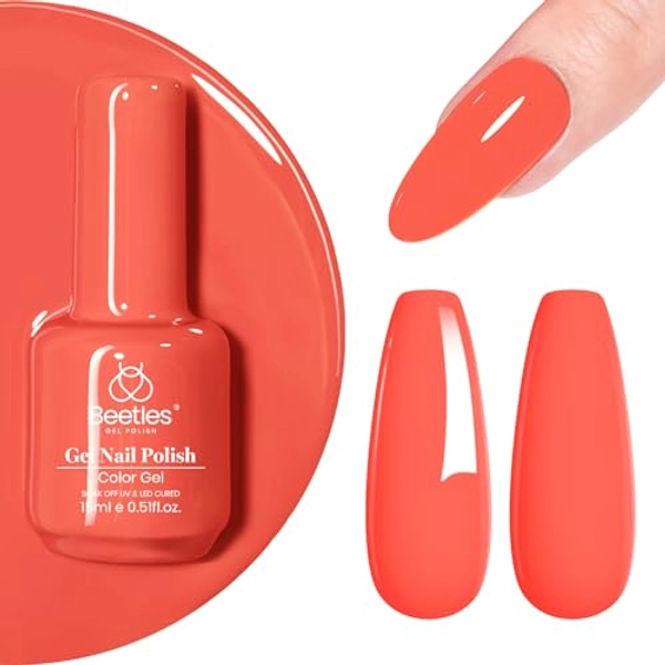 Beetles Peach Gel Nail Polish Carly Coral Orange Color Gel Soak Off UV LED Nail Lamp Gel Polish 15 ml/Each-Summer Nail Art DIY Manicure Gift for Women Girls