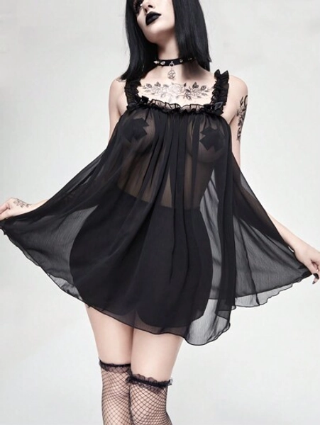 ROMWE Kawaii Women's Chiffon Sheer Ruffle Trim Camisole And Shorts Pajama Set