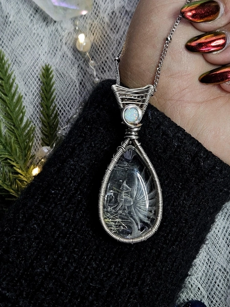 Crystal Quartz Necklace, 9 Tailed Fox Pendant, Kitsune Jewelry, One of a Kind, Wire Wrap, Silver Amulet, Handmade Stone Talisman, Folklore