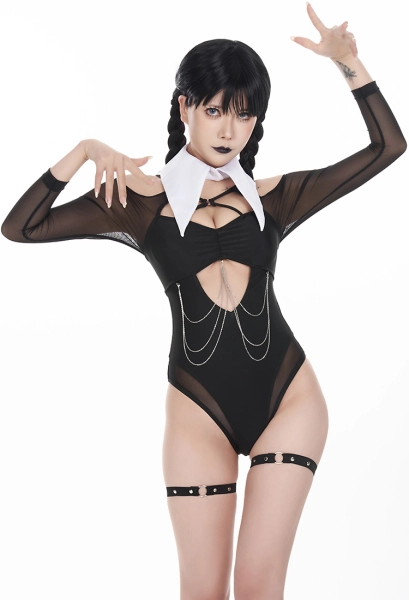 Wednesday Derivative Swimsuit for Women Gothic Cutout Black One-Piece Bathing Suit with Leg Strap and Collar