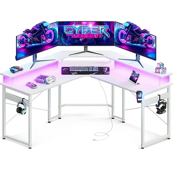 ODK L Shaped Gaming Desk with LED Lights & Power Outlets, 51" Computer Desk with Full Monitor Stand, Corner Desk with Cup Holder, Gaming Table with Hooks, White Carbon Fiber