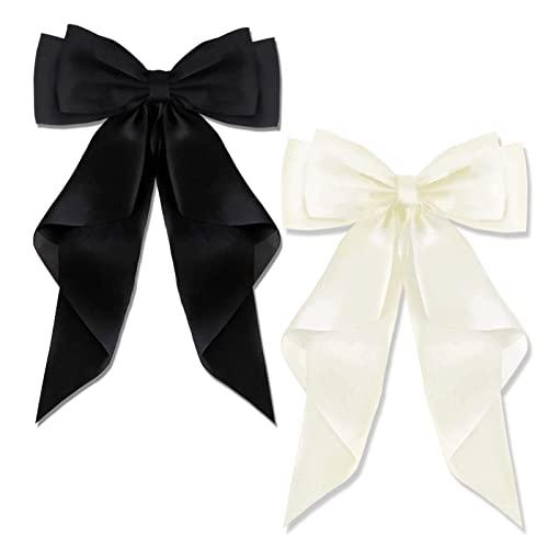 AYNKH 2 PCS Big Bow Hair Clips with Long Silky Satin, Solid Color French Barrette Simple Hair Fastener Accessories for Women Girls - Bowknot-2