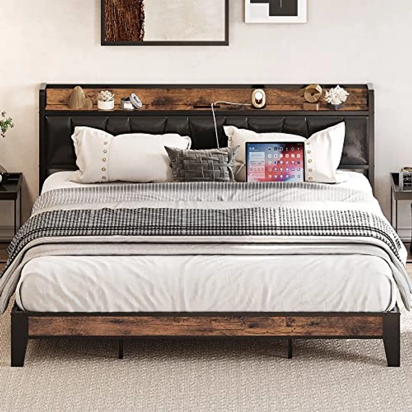 LIKIMIO King Bed Frame, Storage Headboard with Charging Station, Solid and Stable, Noise Free, No Box Spring Needed, Easy Assembly (Vintage and Black)