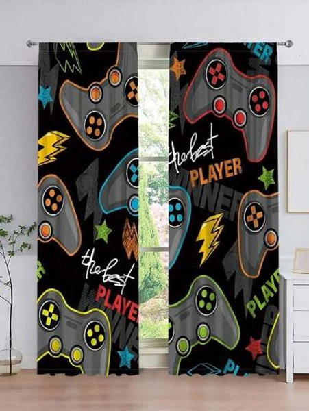 2pcs/Set Gamepad & Letter Graphic Curtain, Funny Polyester Blackout Curtain For Bedroom And Living Room