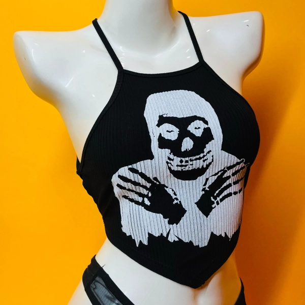 Crimson Ghost Misfits Skull  // Screen Print Halter Top // Backless Lace Cotton Crop Top
