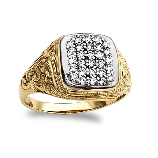 Jewelco London Men's 9ct Yellow and White Gold White Cubic Zirconia Pave Cushion Cluster Carved Signet Ring