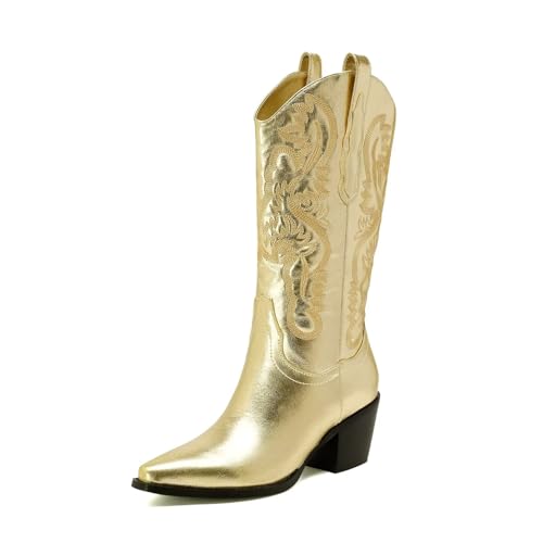 CIERWS Women's Embroidered Western Cowboy Boots Cowgirl Boots Knee High Medium Heel Chunky Heel Classic Retro Boots - 9 - Gold-m