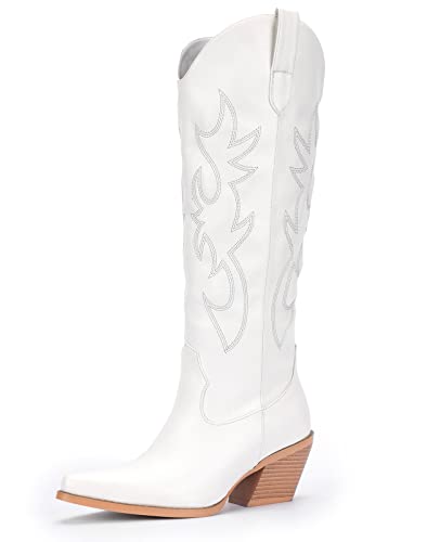 Pasuot Western Cowboy Boots for Women - Knee High Wide Calf Cowgirl Boots with Classic Embroidered, Slip On Pointed Toe Chunky Heel Fashion Retro Classic Pull On Tall Boot for Girls Ladies Fall Winter - 9 - White
