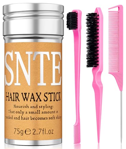 Hair Wax Stick, Slick Back Hair Brush Set 4Pcs, Wax Stick for Hair, Bristle Brush for Flyaways, Teasing Brush for Hair Styling, Edge Brush for Tame Frizz Baby Hair, Rat Tail Combs for Parting - 4 Pieces (Pink)