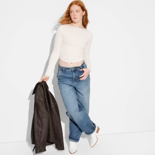 Women's Long Sleeve Boat Neck Ruched Top - Wild Fable™ Cream L