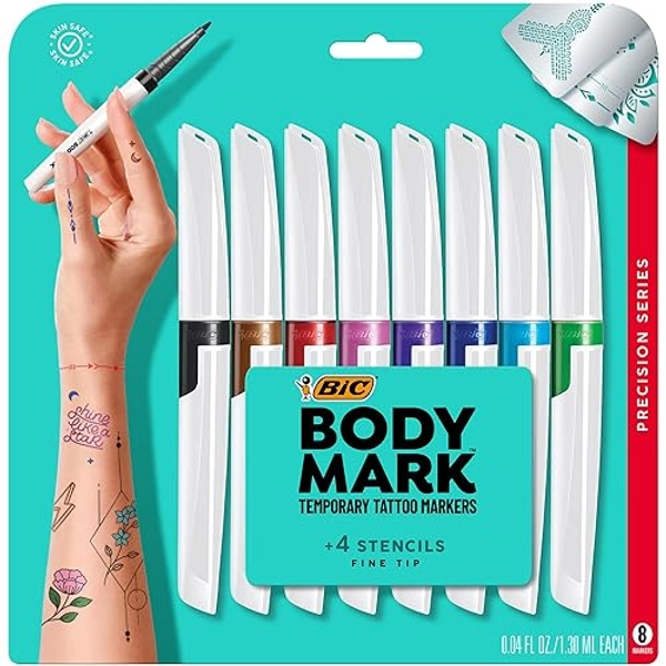 BodyMark Temporary Tattoo Markers for Skin, 8-Count Precision Series, Fine Tip, Assorted Colors, Skin-Safe & Cosmetic Quality, Cruelty-Free, Long Lasting, Stencils Included