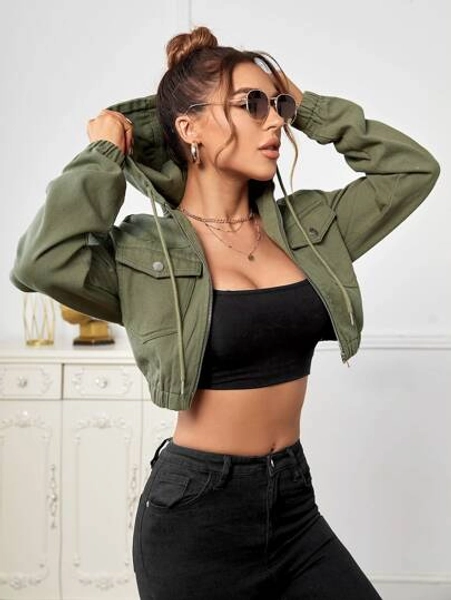 SHEIN Unity Crop Denim Jacke mit Pattentasche, Tunnelzug, Kapuze