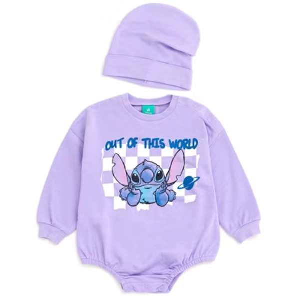 Disney Lilo & Stitch Infant Baby Boys French Terry Bubble Romper Oversized Bodysuit and Hat Lavender Stitch 18 Months