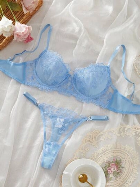 2 Pcs Blue Retro Sexy Lingerie Set For Women