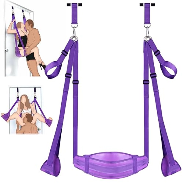 BDSM Door Sex Swing with Seat, Bondage Slave Leather Soft Plush Sex Slings with Adjustable Straps, Hanging Door Handcuffs Leg Restraints Spreader Adult Sex Toys for Couple, Holds up to 300lbs (Purple)
