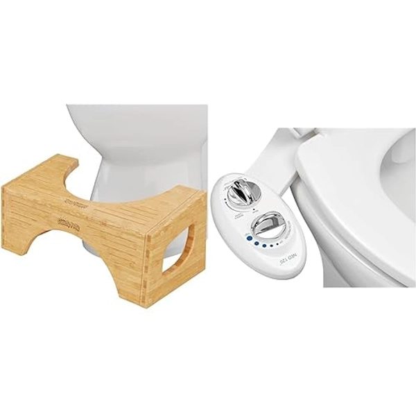 Squatty Potty Bamboo Toilet Stool 7" & 9" Heights + Luxe Bidet Neo 120 Self-Cleaning Nozzle Fresh Water Bidet
