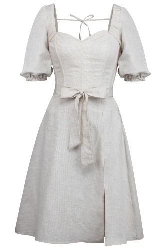 Gladiolus Oatmeal Linen Corset Dress with Puff Sleeves | 28" Corset (Suitable for 29-30 1/2" Natural Waist)