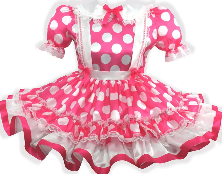 Kayla Custom Fit Pink Satin Polka Dots Adult Little Girl Sissy Dress by Leanne&#39;s