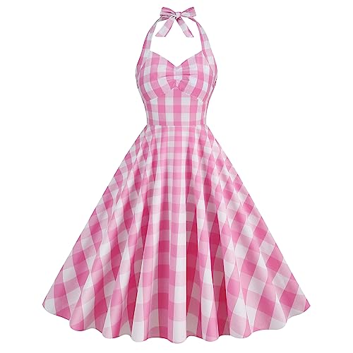 ODASDO 1950s Dresses for Women Vintage Rockabilly Retro Halter Neck/Spaghetti Straps Plaid A-line Swing Midi Dress - Medium - Pink - Halter Neck