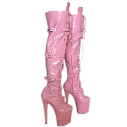 denova's Women's Patent Very High Heel Lace Up Platform Pole Dancing Over-the-Knee Thigh High Boot with Zipper - 10 - Pink
