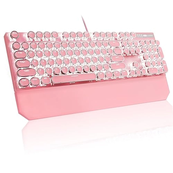 MageGee Typewriter Mechanical Gaming Keyboard, Retro Pink Punk Round Keycaps LED White Backlit Wired Keyboards with Detachable Wrist Rest for Game and Office, for Windows Laptop PC Mac - Blue Switches