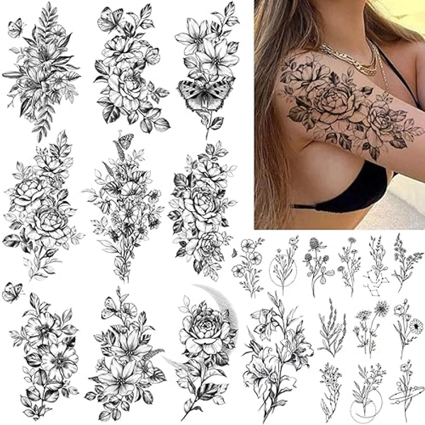 CHARLNET 23 Sheets Flower Temporary Tattoos For Women - Waterproof Realistic Rose Orchid Tattoos Tiny Branch Sketch Fake Tattoos for Women Body Art Arm Neck Hands
