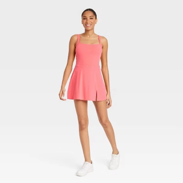 Women's Knit Squareneck Slit Active Dress - JoyLab™ Coral Orange M: Midweight Sleeveless Fit with Built-in Shorts