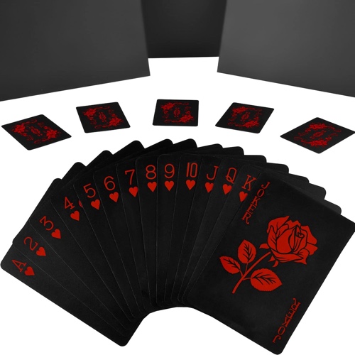 Joyoldelf Waterproof Playing Cards with Unique Pattern & Flower Backing - Black Plastic Playing Cards PVC Flexible Poker Cards Classic Magic Poker Tricks Tool