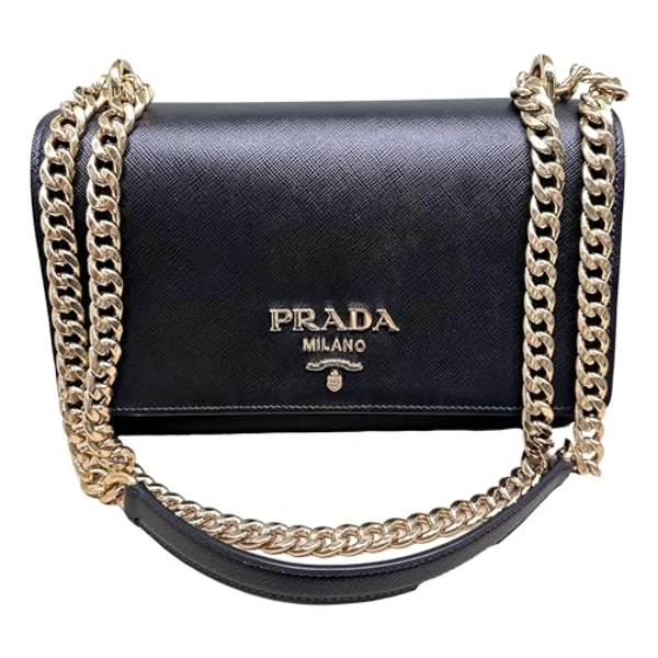 Prada Small Black Saffiano Leather Canvas with Gold Chain Straps Crossbody Bag