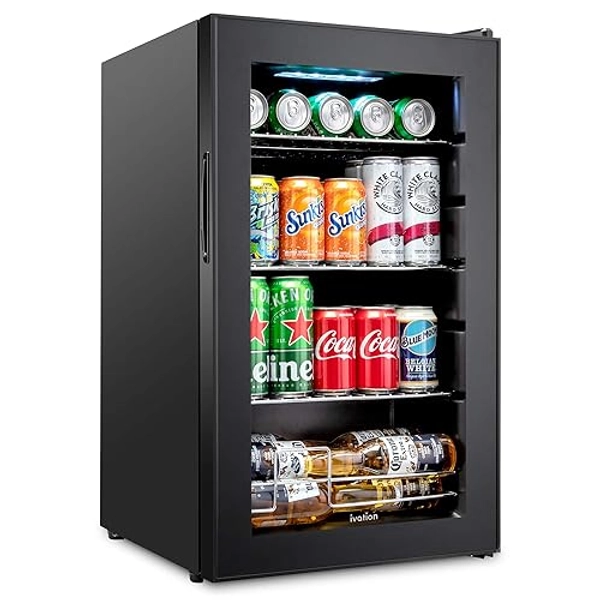 Ivation 101 Can Beverage Refrigerator | Freestanding Ultra Cool Mini Drink Fridge | Beer, Cocktails, Soda, Juice Cooler for Home & Office | Reversible Glass Door & Adjustable Shelving - Black