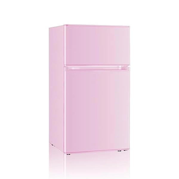 Saeoola Mini Fridge with Freezer, 3.2 Cu.Ft, 2 Doors Compact Mini Refrigerator with Separate Freezer for Dorm, Bedroom, Office, Apartment with 7-Level Temperature Control, Removable Shelves (Pink)