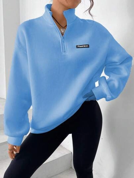 SHEIN EZwear Half-Zip Drop Shoulder Sweatshirt With Letter Badge