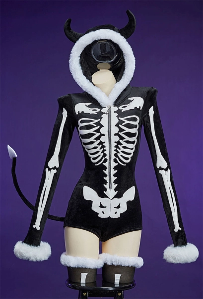 Bone To Be Wild Halloween Gothic Black White Skull Pattern Fluffy Bodycon Romper Homewear Furry Hooded Bodysuit with Tail and Socks