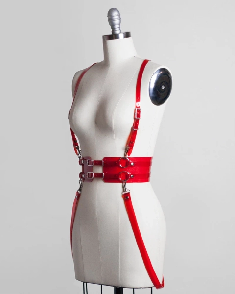 Suspension Harness, Pvc Vinyl Harness, Draped Suspender Straps, Body Harness Belt, Clear Red Translucent Vinyl, Leather, Goth Alternative