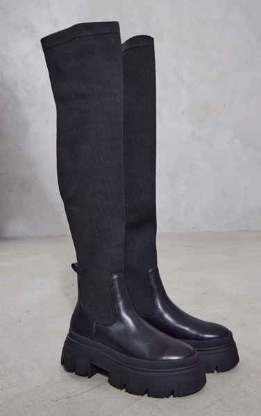 Black PU Textured Extreme Cleated Sole Contrast Knitted Knee Boots