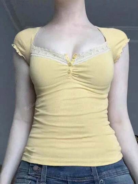 Summer Women Y2K Sweet Casual Simple Preppy Slim Solid Color Short Sleeve Square Collar Lace Corset