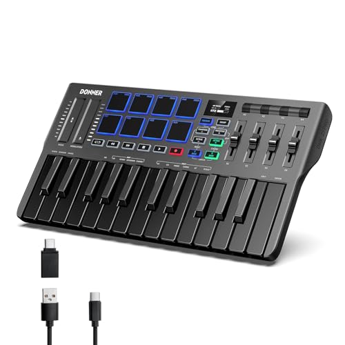 Donner DMK25 Pro MIDI Keyboard Controller, 25 Mini Key Portable USB-C MIDI Keyboard with 8 Drum Pads, OLED Display, Personalized Touch Bar, Music Production Software and 40 Free Courses - DMK 25 Pro Black - Black
