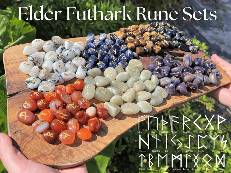 Crystal Rune Stone Set with Velvet Storage Pouch (Set of 25 Elder Futhark Runes)