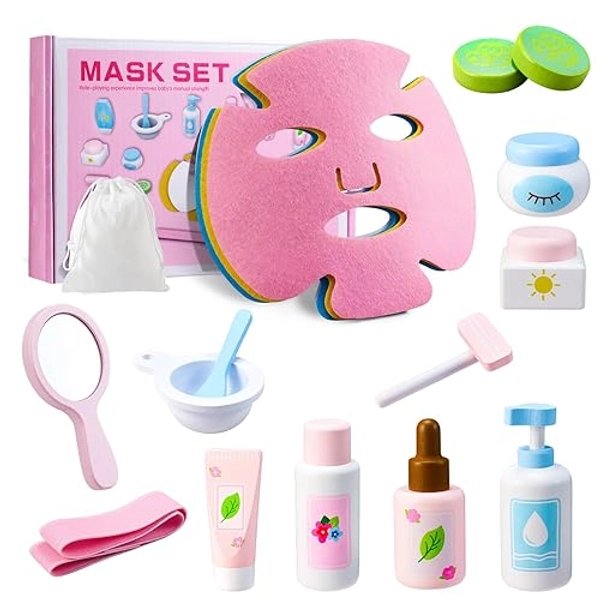 WHOHOLL Wooden Makeup Toy Set, Pretend Beauty Salon Toys Skin Care Learning Toys for Toddler, Daycare Toys Christmas Birthday Gift for 2-5+ Year Old Girls - Facial Cleanser, Mirror, Face Mask (Pink)