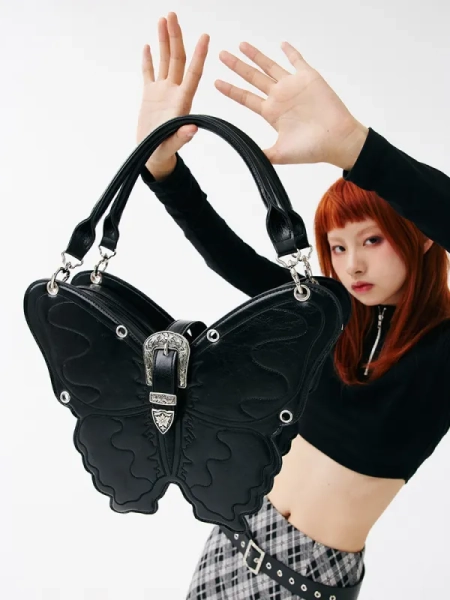 [$107.00]Black Butterfly PU Crossbody/Backpack Large Version