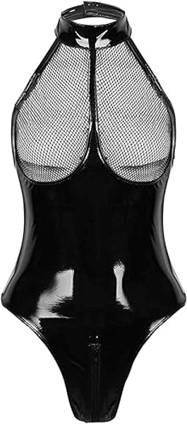 Gain Love Sexy Women's Plus Size Lingerie PVC Leather Mesh Bra Wetlook Halter Neck One Piece Clubwear Teddy Bodysuit