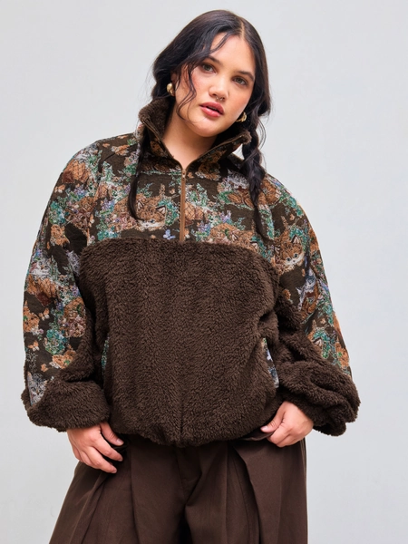 Fleece Collar Floral Cat Drawstring Sweatshirt Curve & Plus