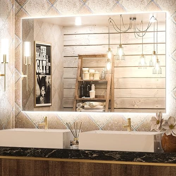 Keonjinn Backlit Mirror 48 x 30 Inch LED Bathroom Mirror with 3-Color Backlight, Stepless Dimmable Wall Mirror with High Lumens, UL Listed LED Driver, Memory, Anti-Fog Vanity Mirror with Lights