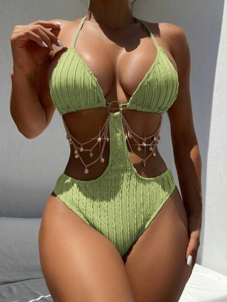 Slaydiva Women's Hollow Out Back Chain Decor One-Piece Swimsuit, Vacation Beach