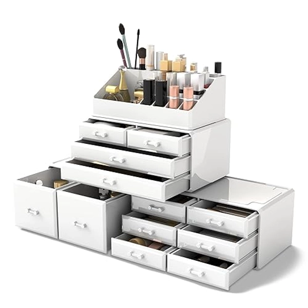 READAEER Makeup Cosmetic Organizer Storage Drawers Display Boxes Case with 12 Drawers (White)