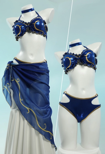 Chun Li Derivative Swimsuit Kawaii Bikini Set Halter Lace-up Top and Bottoms Two-Piece Bathing Suit with Wrap Skirt